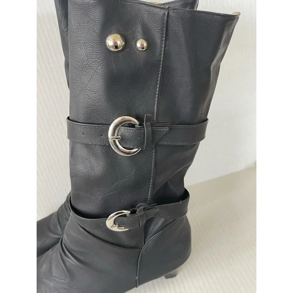 Stylish Black Slouch Mid Calf Double Buckle Boots EU 43 US 11 NWOB Kitten Heel